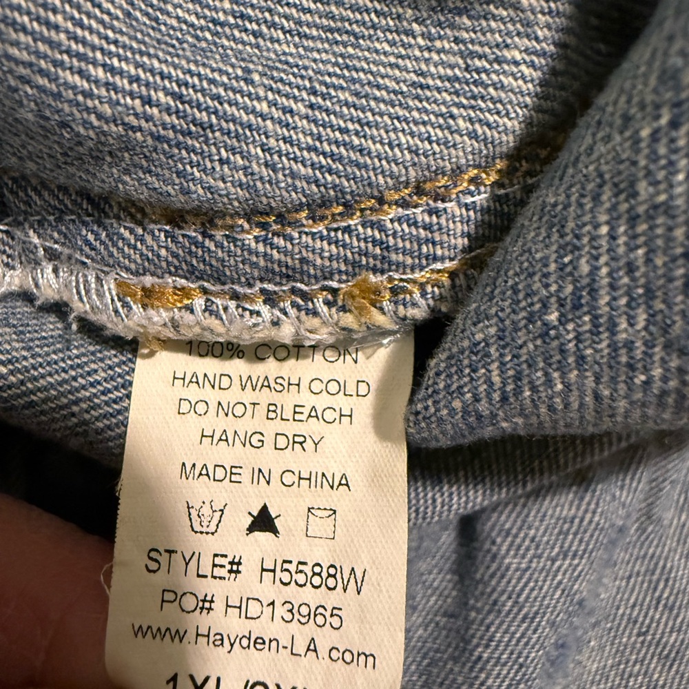 Hayden Denim Distressed Ruffle Jacket Short Sleeve Boho Flap Pockets Ombré 1XL - Picture 9 of 12
